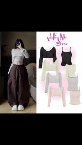 Set Áo 2 Dây Kèm Croptop Trễ Vai Tay Dài Chất Len Dệt Mỏng Nhẹ Co Giãn Thoải Mái - Hồng Nhi Store