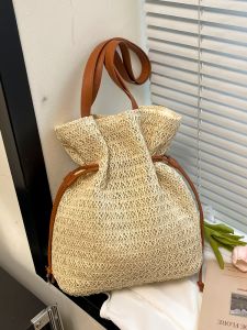 Fashionable Bucket Bag Womens Casual Beach Vacation Large Capacity Woven Bag Soft Handle Korean Style Polyester Lining