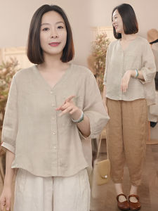 Casual Lightweight Linen Seven-Sleeve Shirt for Women Summer New Design Sensation Gentle Style Commute Korean Loose Fit Shirt