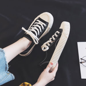 Summer Thin Black Biscuit Canvas Womens Shoes Casual Versatile Low-Top Trendy Flats Korean Style Cross Buckle Sewing Elements