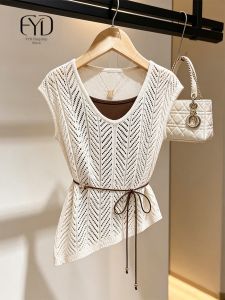 Unique Elegance White Hollow-out Knit Top for Women