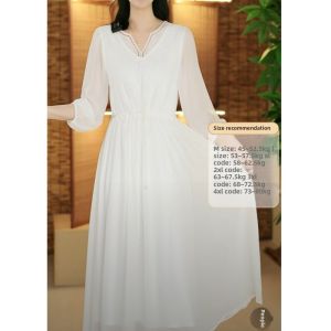 Elegant Long White Dress with Seven Sleeve Maternity Chiffon A-Line Skirt Commute Korean Style V-Neck Polyester Spring Summer