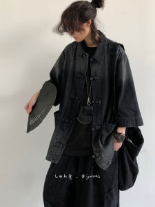 Summer New Retro Chinese Style Loose Fit Mens Denim Short Sleeve Shirt Vintage Look Button Decorated Casual Outerwear