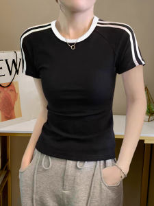 Summer 2025 Salt System Short Sleeve Womens T-shirt Striped Color Block Sports Style Versatile round Neck Casual Top