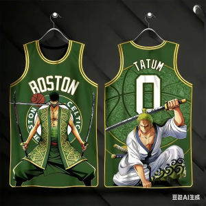 One Piece | Roronoa Zoro Themed Basketball Jersey One Piece Swordsman Graphic Sleeveless Shirt Cool Green White Street Style Top for Fans