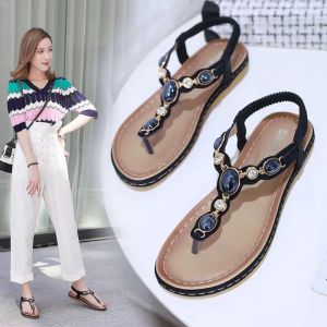 【35-41】รองเท้าแตะลำลองกันลื่นของผู้หญิงใหม่แฟชั่นสตรี Rhinestone ย้อนยุคแบนสวมทนรองเท้าแตะชายหาดรองเท้าผู้หญิง