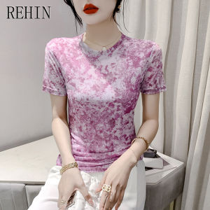REHIN Summer Fashion Pink Mesh Printed Short Sleeve V-neck T-shirt Slim Fit S-3XL Korean Stylish Elegant Trendy Womens Top
