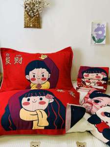 New Year Snake All Fortune Thickened Pure Cotton Pillowcase Pair Home Use Anti-Slip Red Linen Pillowcases Chinese Zodiac Year