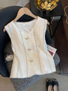 PAIBOLI | Embroidered Lace Sleeveless Jacket Chinese Style Backless Vest Large Size Outerwear Base Shirt Commute Style Standard Version