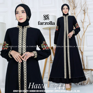 Hawa 744 Gamis Abaya Bordir Mewah Jersey Premium Mix Ceruti Aplikasi Mote dan Bordir Busui/Ziper Depan