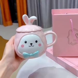 Ly cốc sứ có nắp đậy hình thỏ dễ thương 450ml cốc uống nước có nắp đậy kèm thìa - TTB