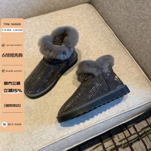 Giày Bốt Đi Tuyết Đính Đá Rhinestone Thời Trang Mùa Đông 2024 Đế Phẳng Mũi Tròn Lông Thỏ Lót Cotton Cho Nữ