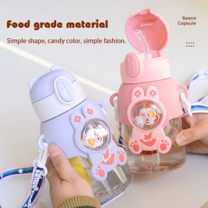 600ml Children Water Cup Straw Cup Cartoon Leak Proof Kids Sippy Cup Portable with Strap Water Bottle Tumbler MY388