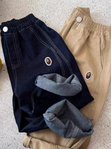 Casual Loose Embroidered Jeans for Boys And Girls Spring Autumn Straight Leg Elastic Waist Cotton Polyester Childrens Clothing