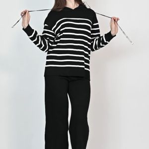 QUEENTIN Sweater Hoodie Set Wanita 22193 Rajut Knit Striped Stretch Premium Lengan Panjang