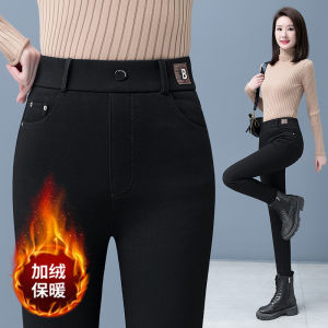 Womens Fleece Lined Thick High Waist Slim Fit Pants Autumn Winter New Style Black Pants Elastic Casual Long Trousers