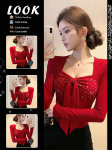 Stylish Square Neck Red Dazzling Slim T-shirt Spring