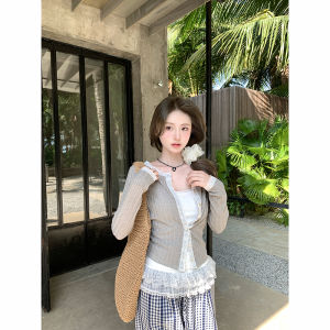 Spring Ashy Snow Knitted Slim Fit Thin Cardigan round Neck Short Length Single Button Closure Pure Color Versatile Ribbed Lace Trim