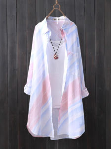 เสื้อเชิ้ตลูกไม้พิมพ์ลายยาวปานกลางสำหรับผู้หญิงในฤดูร้อน เสื้อคลุมกันแดดแบบหลวมๆ ผ้าโพลีเอสเตอร์บางๆ เสื้อคลุมกันหนาวแบบเปิดเสื้อแขนยาว