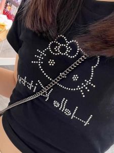 Breathable Americana Cartoon Rhinestone Cute Kitty Cat Black Short Sleeve Womens Slimming T-Shirt Polyester Fiber round Collar