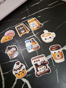 KAWAII DESSERT & COFFEE STICKER SET - Dunkin donuts box iced coffee black coffee - Cute cartoon faces playful design collectible stickers.