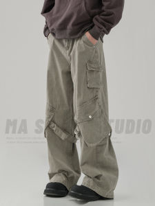 Pure Cotton American Retro High Street Side Large Pocket Loose Wide Leg Work Pants Men Deconstructed Belted Design Sense Pants