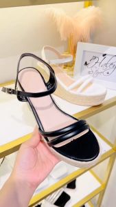 Giày cói sandal 2Q xéo HALEY STORE cao gót 9cm đế xuồng nâu hai quai khóa cài tiểu thư công chúa đi chơi đi làm du lịch