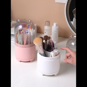 360° Rotating Makeup Brush & Lipstick Organizer Transparent Dust‑Proof Desktop Cosmetic Storage Box