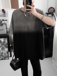 Mr. Fu De Red Gradient Letter Print Short Sleeve T-Shirt Mens Summer New Trend Loose Handsome Half Sleeve Fashion T