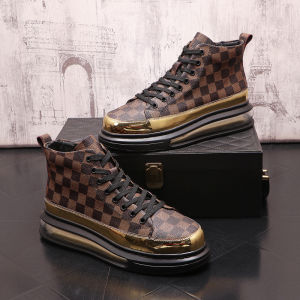 European Station Trendy Fashionable Man High-Top Shoes Thick Bottom Inner Height Increasing Casual Shoes British Style Plaid Mid-Cut Ankle Boots Mens Shoes