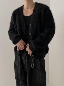 Fashionable Mink Fur V-neck Knitted Cardigan Outwear Men Fall and Winter Korean Style Lazy Style Loose Outer Wear Niche Style Sweater
