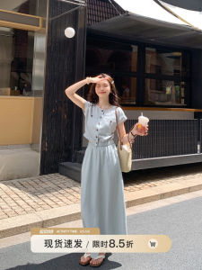 Blue Summer Womens Short Sleeve Skirt Set Casual Style round Neck Button Shirt Half Body Skirt High Quality Fashion Set