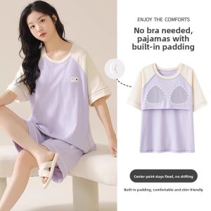 Miiow | Pure Cotton Cat Person Sleepwear Women Summer Thin Short Sleeve Home Clothes Set With Chest Pad One-Piece Youth Outerwear