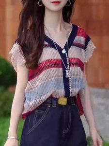 Shalldoer | Fashionable Striped Color Block Hollow Out Knitwear Womens Summer Unique Attractive Single Piece V-Neck Short Sleeve Top
