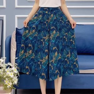Summer 2024 Womens Cool Breathable Fashion Slimming High Waist Large Size Skirt Pants Korean Style Commute Print A-Line Long Skirts