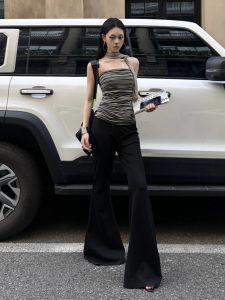 Quần Jeans Ống Loe Màu Đen Cạp Lửng Quần Dài Cho Nữ Mùa Hè Ống Rộng Dài Đến Sàn Quần Jeans Denim Ống Loe Cao Cấp