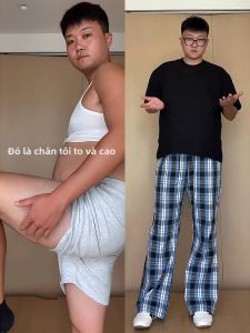 OUMULONG | Ice Blue Fat-friendly Slim Straight Leg Pants Breathable Casual