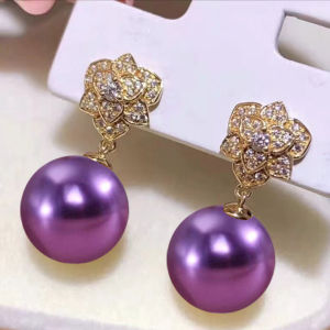 925 Sterling Silver Earrings Womens Purple Pearl Shell Bead Rose Flower Zirconia Drop Earrings Fashionable Korean Style Jewelry