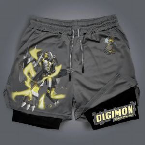 Bandai | Digimon Mens Double Shorts Magnamon Japanese Anime Fake Two-piece Summer 2-in-1 Fitness Sports Shorts Quick-Drying Trend Pants