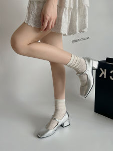 Normcore French Style Silver High Heels Chunky Heel Square Toe Grandma Loafers Small Leather Shoes with Skirt Mary Jane Shoes
