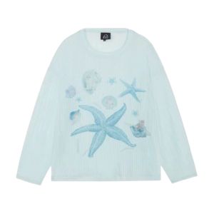 YUEZHONGWEI | Retro American Blue Long Sleeve T-Shirt Women Summer Thin Outerwear Sun Protection Cover Up Air Conditioning Shirt Top