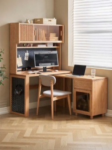 YUANSHI YUANSU | Solid Oak Corner Study & Working Desk Cabinet Combo
