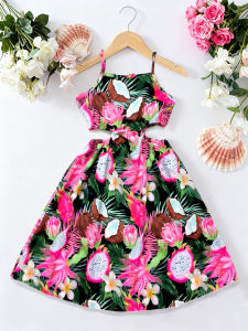 Summer Girls Dress Tropical Floral PrintSpaghetti Strap Beach Long Dress Boho / Hawaiian Party Kids Clothing 5-12 Years