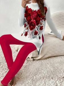 Printed Design Spring and Autumn styles Red Roses Floral Print Design vacation style womens pants suit