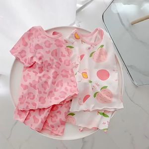 BOBOHO - SETELAN ANAK PEREMPUAN SUTRA ES MUSIM PANAS/BAJU SETELAN ANAK PEREMPUAN MOTIF/BAJU RUMAH LENGAN PENDEK MODIS MUSIM PANAS