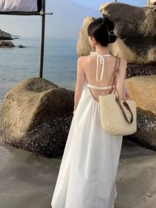 French Vacation Style Long Dress Womens Casual Backless Hanging Neck Super Fairy Beach Sand Beach Strapless Dress