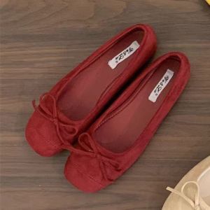 Korean Style Red Bean Bean Shoes Womens Spring 2025 New Inner Heightening Flat Heel Versatile Butterfly Knot Splicing Leather Shoes