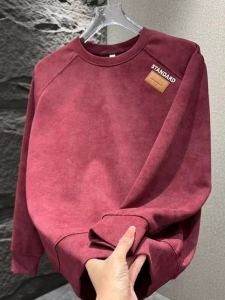 High-End Red Fleece-Lined Thickened round Neck Sweatshirt Mens Autumn Winter Business Casual Style Embroidered No Iron Treatment