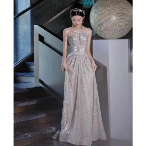 Silver Sequin Evening Gown French Style Engagement Dinner Dress Bride Women Morning Robe Host Student Birthday Adult Ceremony
