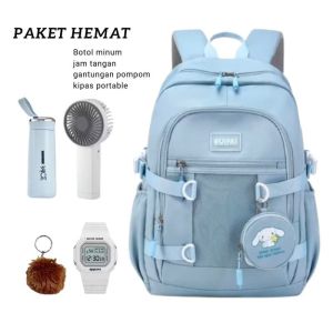 Tas sekolah anak perempuan remaja cinnamoroll free botol minum kaca jam tangan kipas angin mini gantungan pompom tas sekolah anak remaja tas ransel